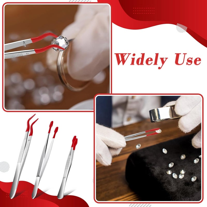 Anglekai 3PCS Tip Tweezers, Silicone Rubber Flat Tipped Tweezers Bent Tip for Jewelry Coin Stamp (Red) - Image 5